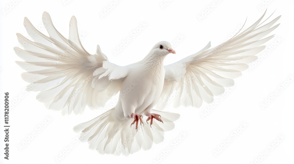 Fototapeta premium Majestic white dove in free flight, set against a seamless white background, ideal for peace and tranquility themes