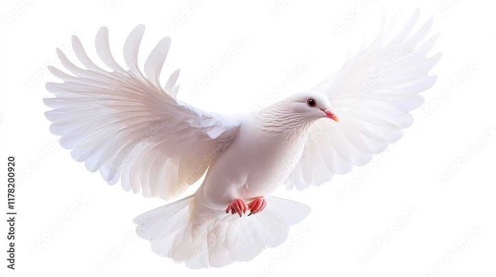 Fototapeta premium Majestic white dove in free flight, set against a seamless white background, ideal for peace and tranquility themes
