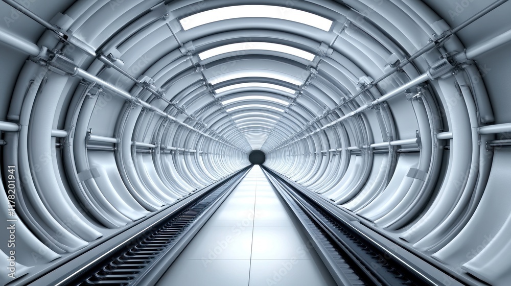 Obraz premium A futuristic tunnel with smooth, curved walls and tracks.