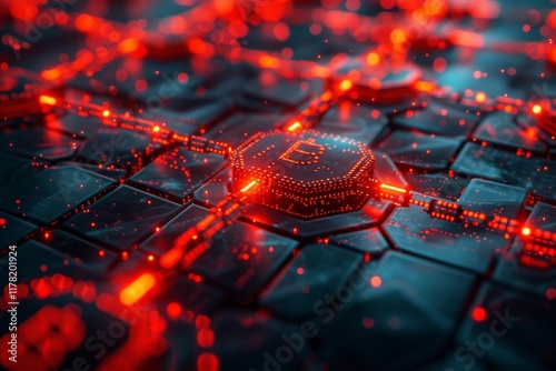A closeup view of a red glowing blockchain network highlighting interconnected nodes and vibrant details, showcasing the technological advancements in cryptocurrency systems