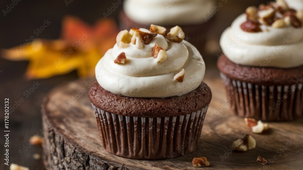 Homemade Chocolate Cupcake with Nuts and Vanilla Frosting on Wooden Board Homemade Chocolate Cupcake with Nuts and Vanilla Frosting on Wooden Board