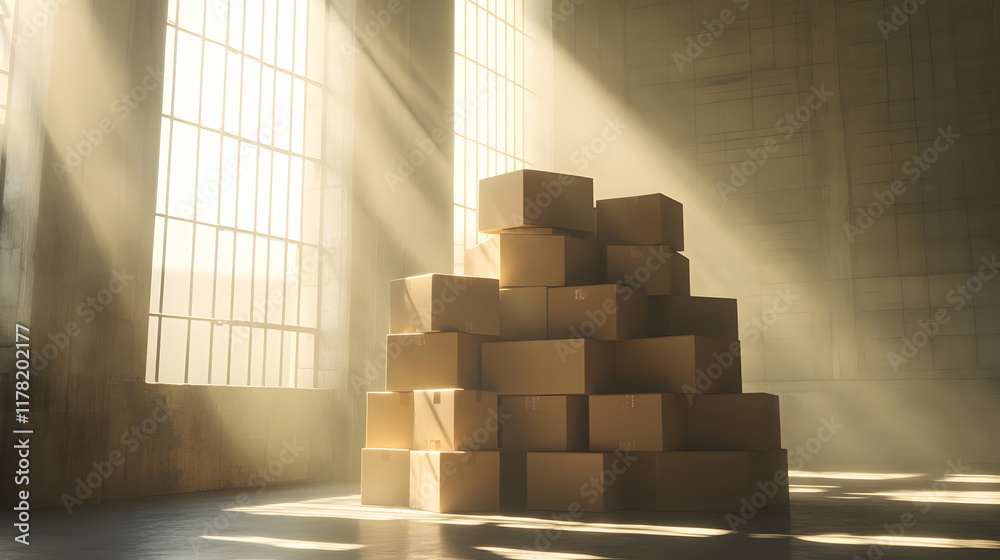 Cardboard Boxes Stacked in Warehouse with Sunlight Cardboard Boxes Stacked in Warehouse with Sunlight