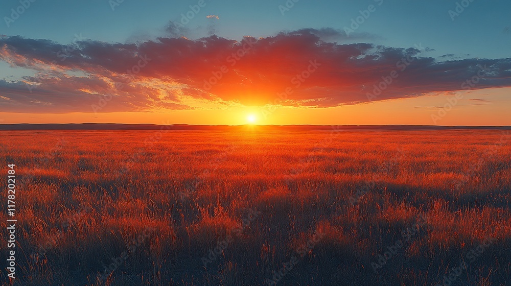 Obraz premium Fiery Sunset Over a Grassy Plain at Dusk