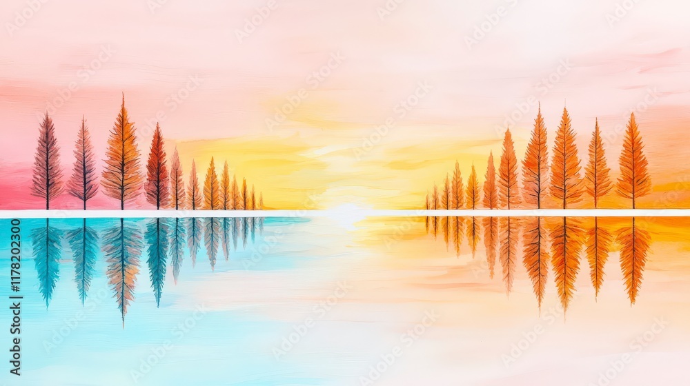 Obraz premium Serene Landscape with Pine Trees and Reflections on Calm Water at Sunrise in Soft Pastel Colors
