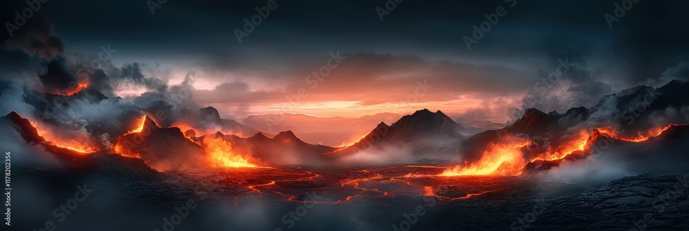 A volcanic landscape at dusk, with glowing lava and steam vents creating a surreal atmosphere A volcanic landscape at dusk, with glowing lava and steam vents creating a surreal atmosphere
