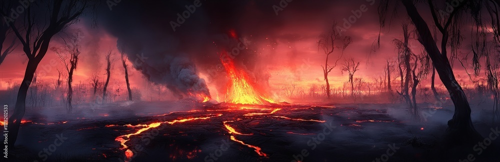 A volcanic landscape at dusk, with glowing lava and steam vents creating a surreal atmosphere A volcanic landscape at dusk, with glowing lava and steam vents creating a surreal atmosphere