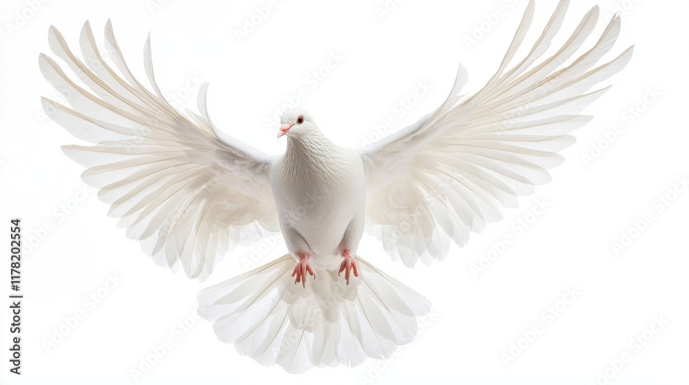 Fototapeta premium White dove gliding in the air, feathers detailed, motion and light effects, photorealistic, isolated on white background