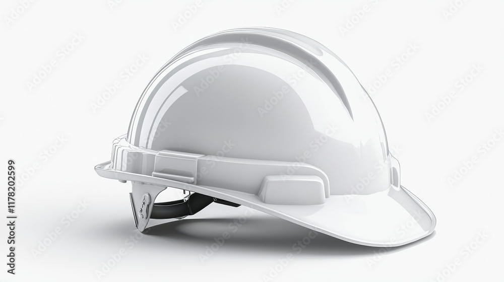 White safety helmet, close-up perspective, showing texture and contours, sharp and dynamic, isolated on white background White safety helmet, close-up perspective, showing texture and contours, sharp and dynamic, isolated on white background