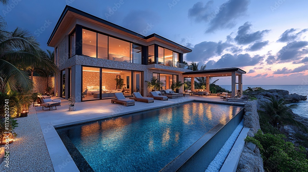 Fototapeta premium Modern Cliffside Villa with Infinity Pool at Sunset