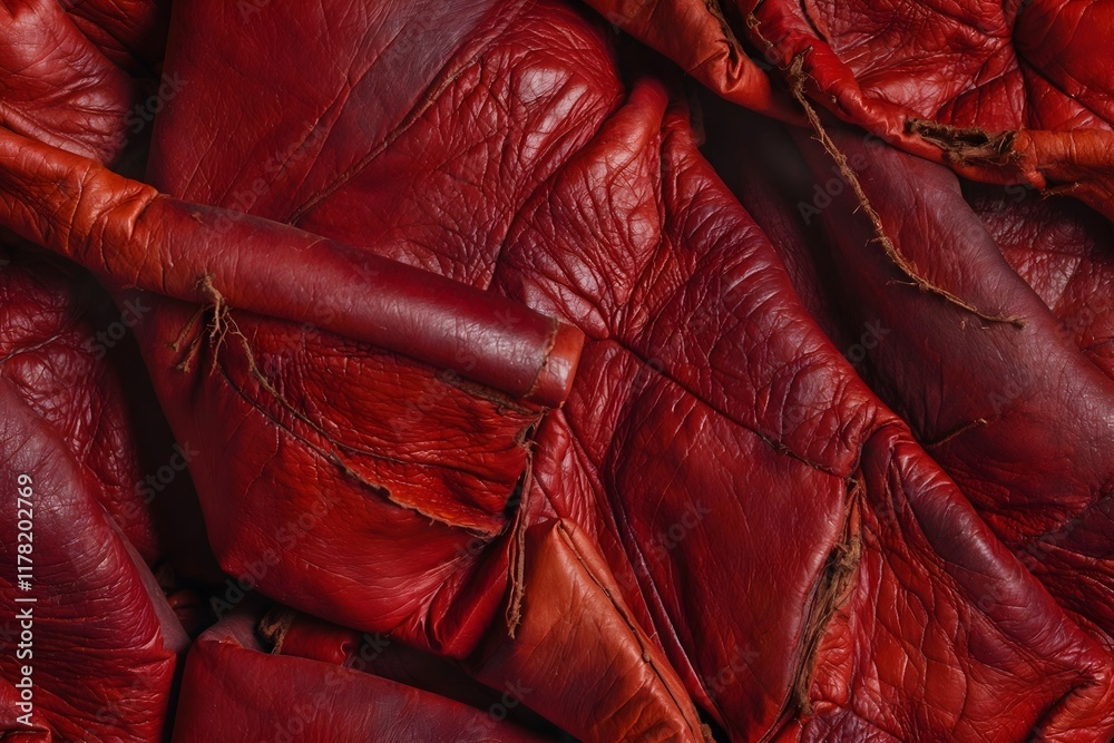 Obraz premium Intricate Red Leather Texture with Deep Grooves and Wrinkled Surface