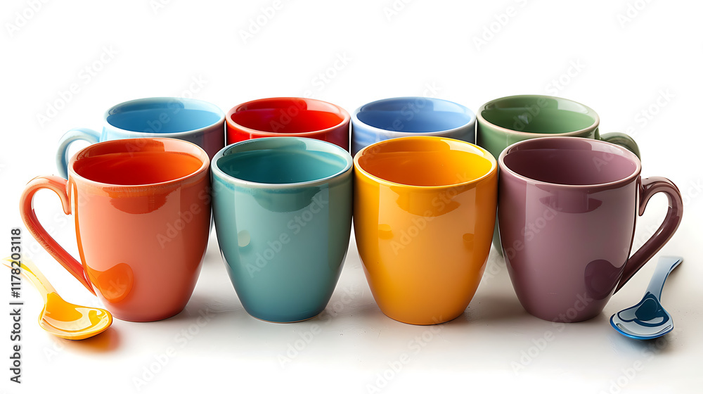 Cups and spoon in different color isolated on white background Cups and spoon in different color isolated on white background