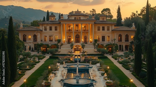 Grand Italianate Mansion at Sunset with Formal Gardens photo