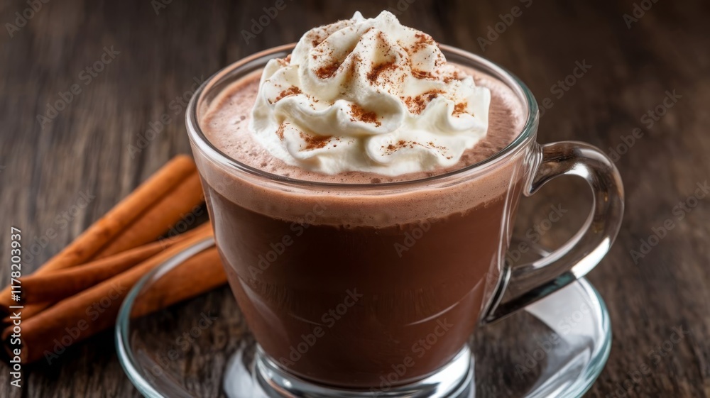Hot Chocolate with Whipped Cream and Cinnamon in Glass Cups Hot Chocolate with Whipped Cream and Cinnamon in Glass Cups