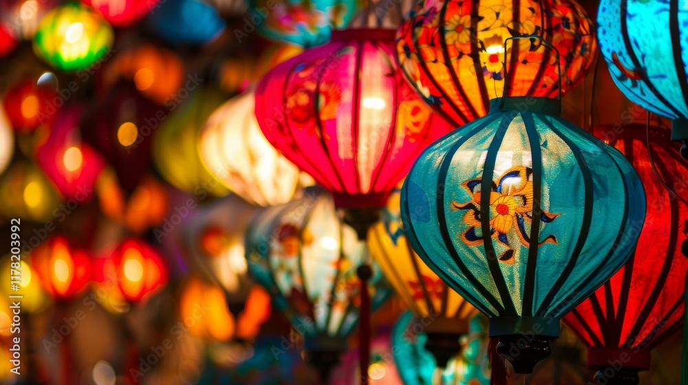 Fototapeta premium Vibrant festive lanterns for New Year celebrations, colorful hanging lights creating joyful holiday atmosphere