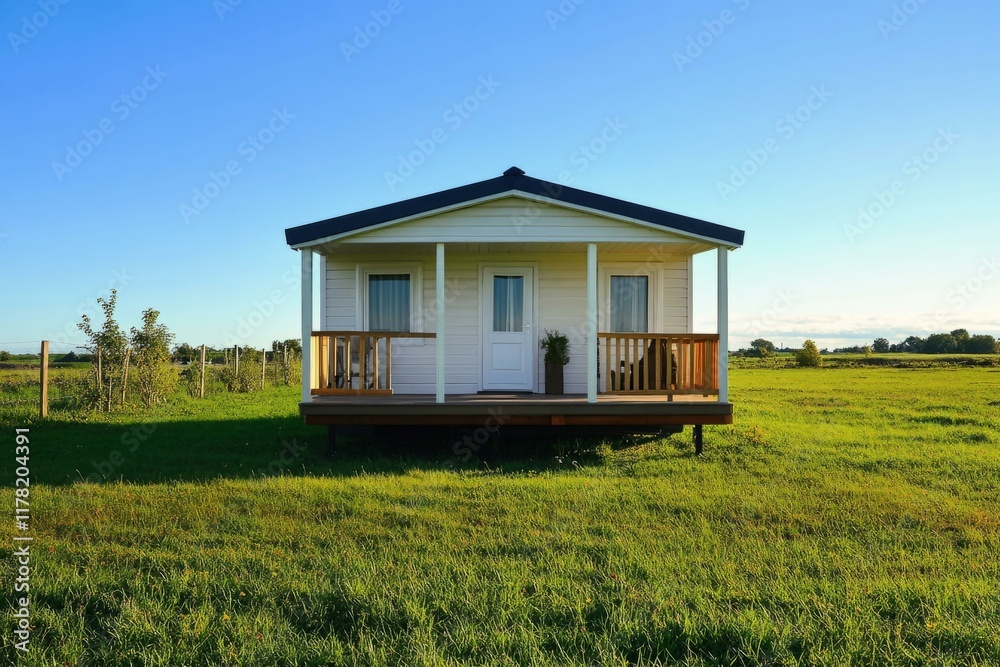 Charming small home on green field under clear sky, affordable housing opportunity for sale in countryside setting Charming small home on green field under clear sky, affordable housing opportunity for sale in countryside setting