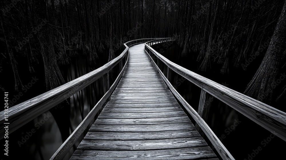 Fototapeta premium Abstract perspective of wooden boardwalk disappearing into the misty swamp, Everglades landscape, Mysterious and enchanting