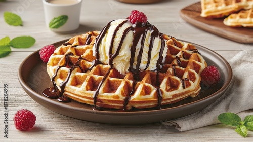 Lush Belgium waffles served on a ceramic plate, covered with velvety ice cream, rich chocolate drizzle, juicy berries, modern dining setup with green accents photo