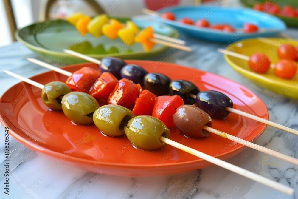 Colorful olive and vegetable skewers display Colorful olive and vegetable skewers display