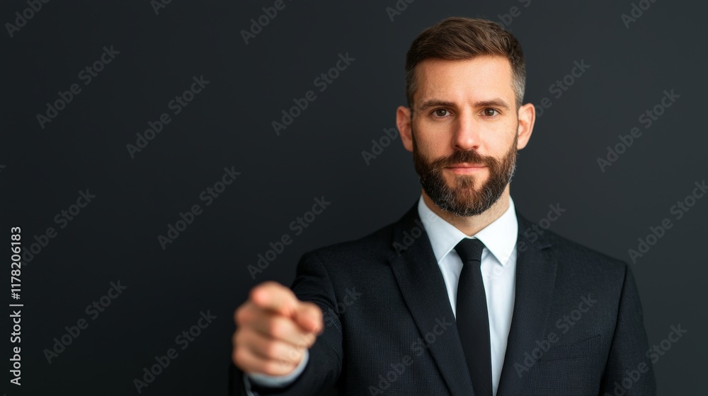 Confident man in formal suit pointing towards camera on studio background Confident man in formal suit pointing towards camera on studio background