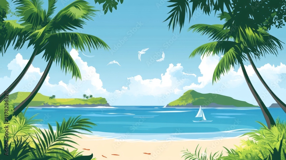 Fototapeta premium Idyllic tropical beach scene with palm trees, sailboat, and clear blue ocean.