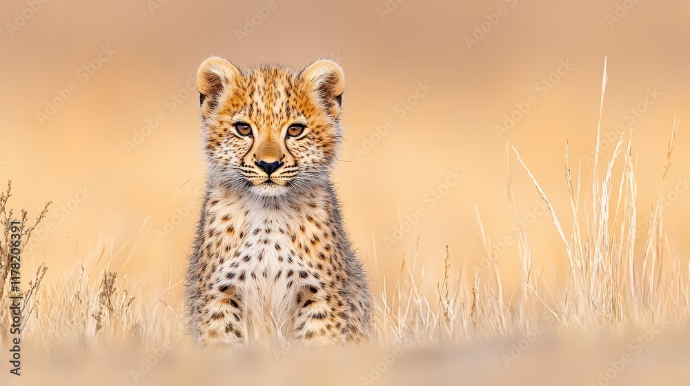 Obraz premium Adorable Cheetah Cub Amidst Grasslands with Soft Focus Background in Golden Light