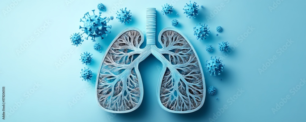 Obraz premium Papercutstyle design of human lungs with virus particles, creative layered artwork, perfect for stock photos about health, respiratory problems, and virus awareness