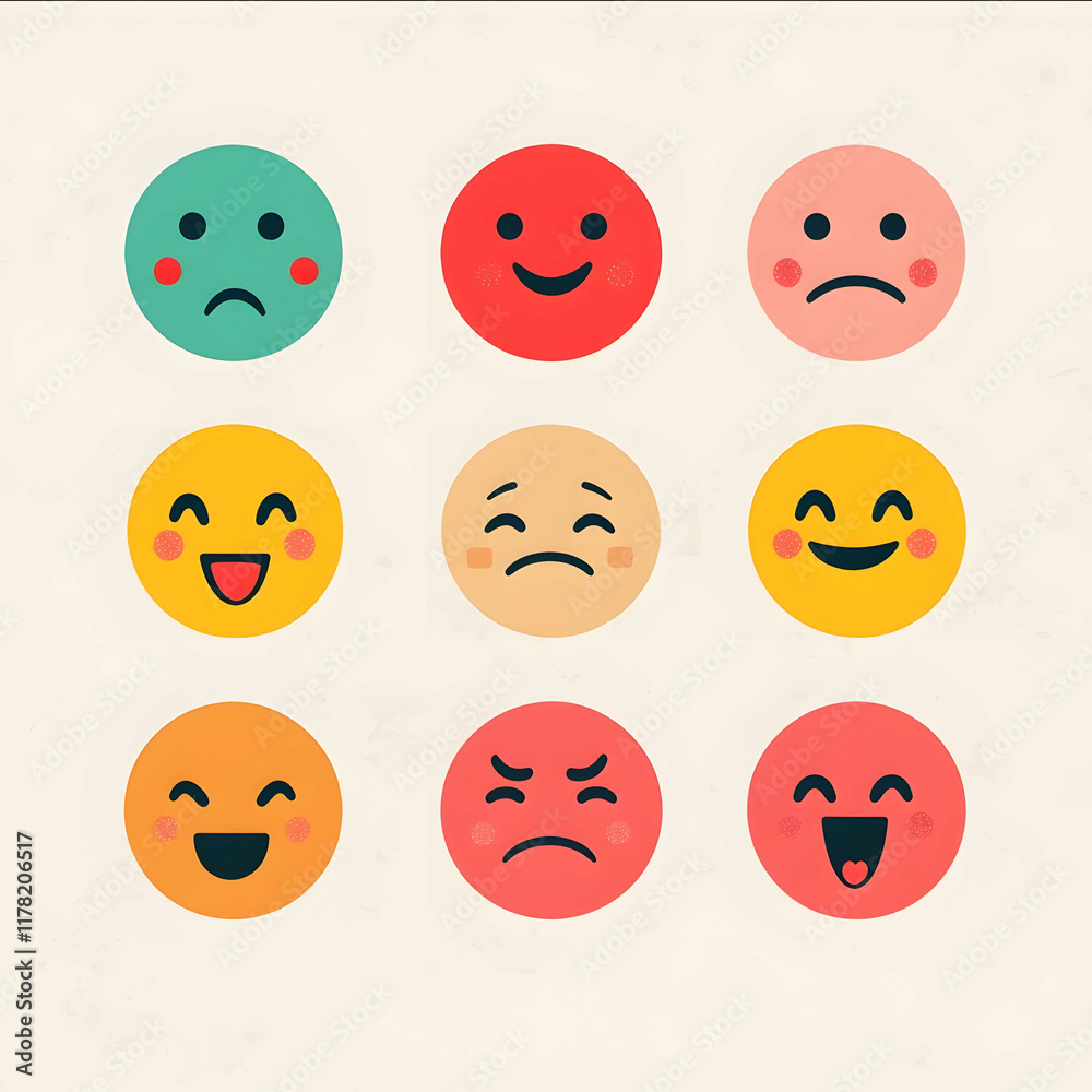 8 different smiley faces in 8 different emotions in simple colors with simple background 8 different smiley faces in 8 different emotions in simple colors with simple background