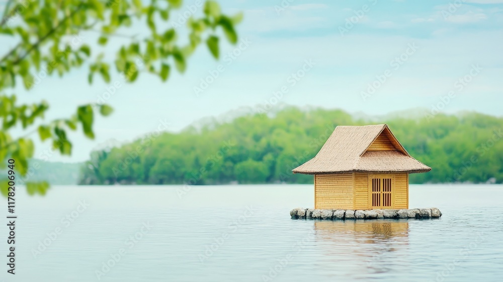 Fototapeta premium Tranquil Wooden Hut on Calm Water Surrounded by Lush Greenery Under Soft Blue Sky