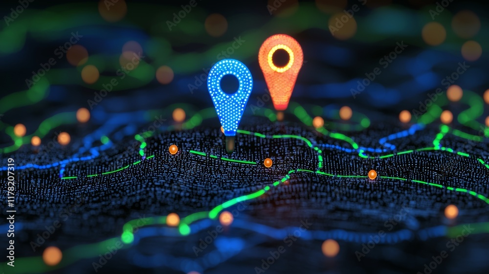 Fototapeta premium Colorful navigation markers on a digital map with glowing lines and lights at night