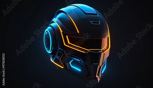 Futuristic helmet with glowing neon blue and orange accents against a dark background. photo