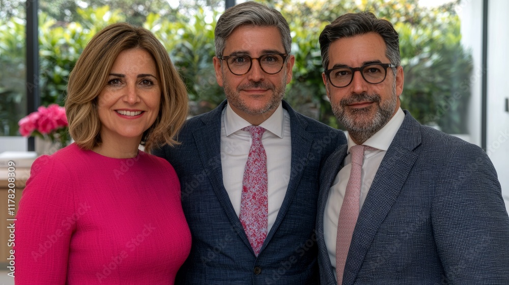 Professional Group Portrait of Three Business People Smiling in Modern Office Setting