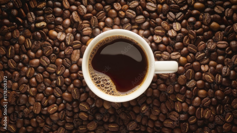Mug of Coffee Surrounded by Coffee Beans on White Mug of Coffee Surrounded by Coffee Beans on White