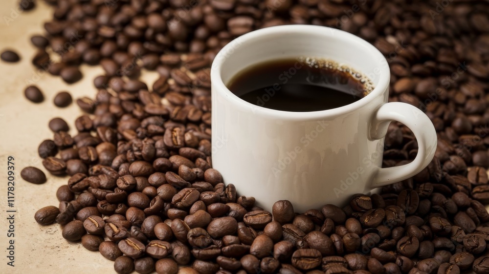 Mug of Coffee Surrounded by Coffee Beans on White Mug of Coffee Surrounded by Coffee Beans on White