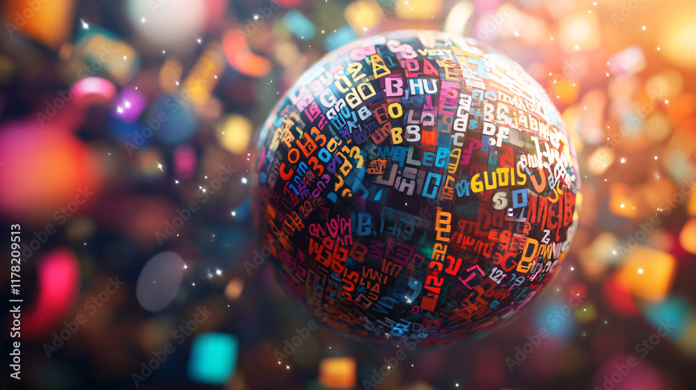 Obraz premium A globe made of words from different languages, surrounded by abstract figures communicating through speech bubbles filled with colorful letters. 