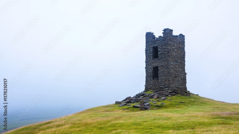 A solitary stone tower stands on a grassy hill in foggy weather. A solitary stone tower stands on a grassy hill in foggy weather.