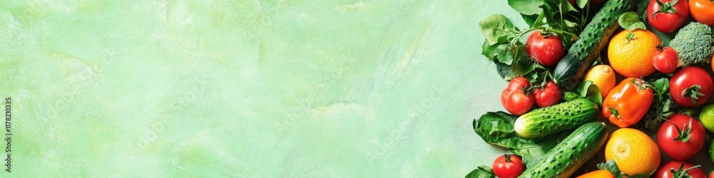 Fresh vegetables and fruits arranged vibrantly on a green textured background with space for text Fresh vegetables and fruits arranged vibrantly on a green textured background with space for text