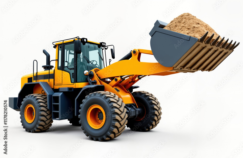 Fototapeta premium Heavy construction loader isolated on white background. Large yellow machine with dark gray bucket filled with earth sand. Industrial vehicle ready for work. Powerful construction equipment for