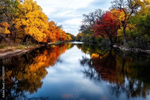 A winding river surrounded by autumn trees, with their vibrant colors reflecting on the water