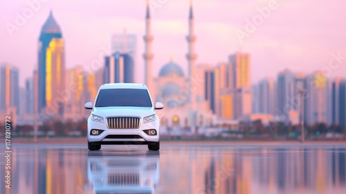 Modern White Car in Urban Landscape with Mosque and City Skyline at Sunset