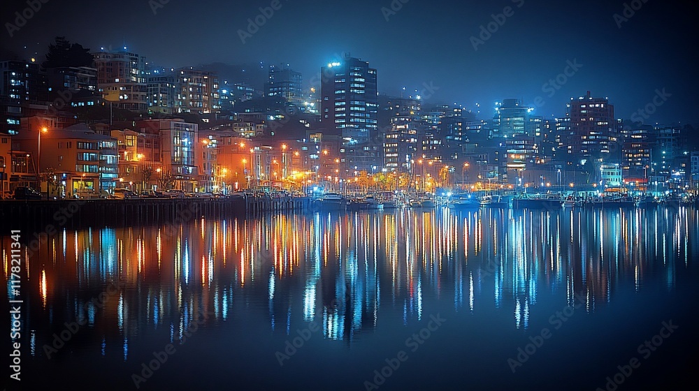 Naklejka premium Night Cityscape Reflected in Calm Water