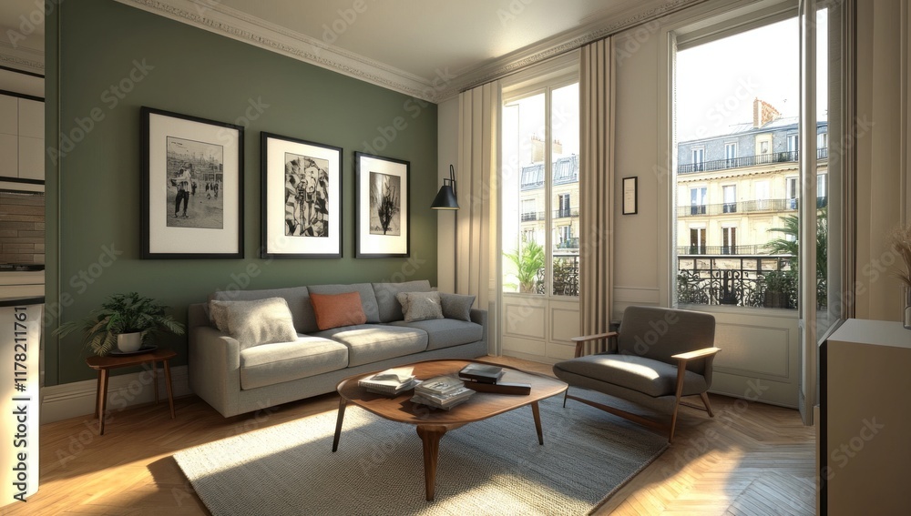 Sunlit living room with grey sofa, armchair, and framed photos. Sunlit living room with grey sofa, armchair, and framed photos.