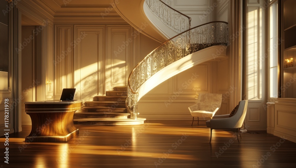 Fototapeta premium Sunlit luxury interior with curved staircase, reception desk, and armchairs.