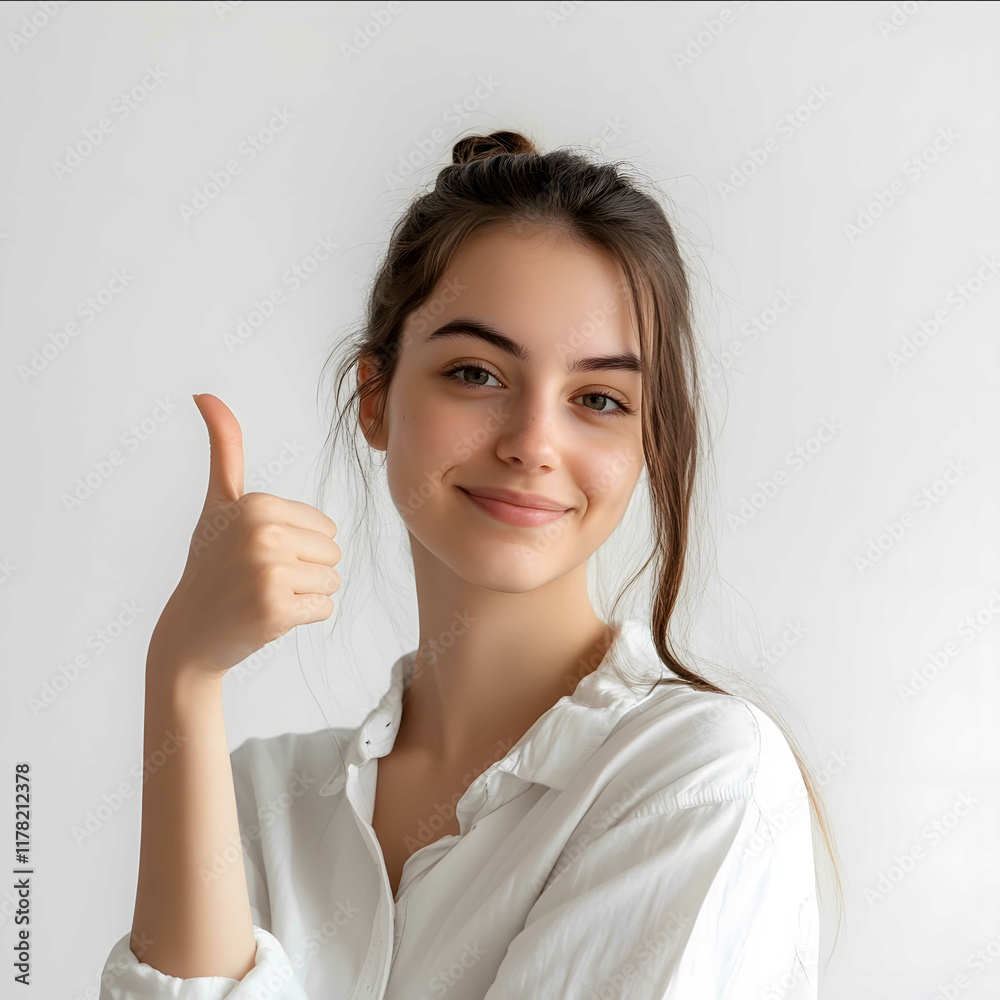 young woman looking at the camera with her hand thumbs up her face is happy high quality white background young woman looking at the camera with her hand thumbs up her face is happy high quality white background