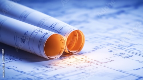 Architectural blueprints rolled up on a detailed plan background. photo