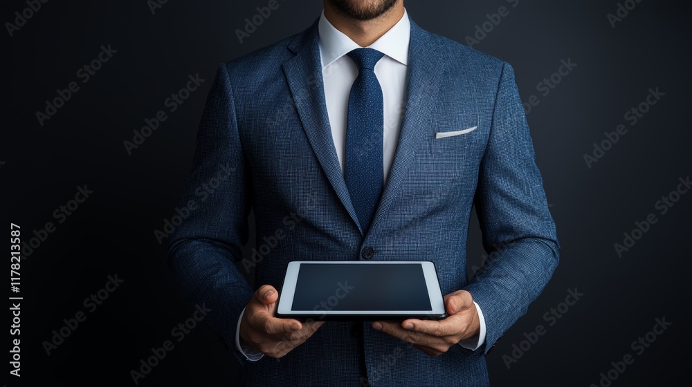 Businessman in Suit Holding Tablet in Studio with Dark Background Businessman in Suit Holding Tablet in Studio with Dark Background