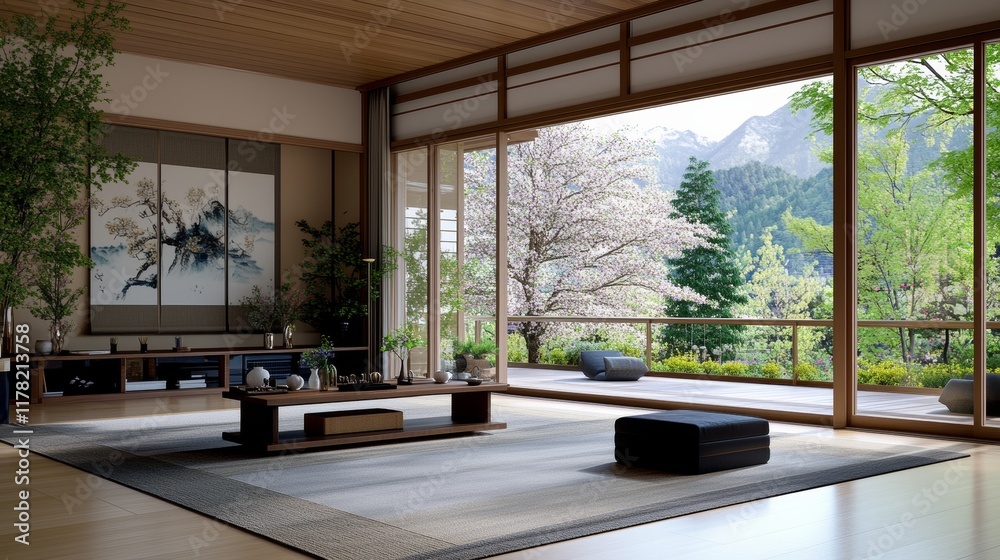 Fototapeta premium Spacious Living Room With Mountain View