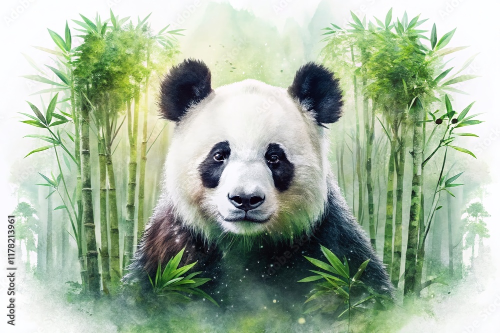 Obraz premium Watercolor Panda Double Exposure: Tranquil Bamboo Forest Stock Photo