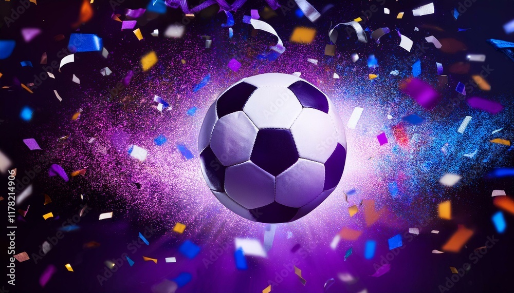 Naklejka premium purple and white soccer ball floating over colorful confetti in a celebratory scene with vibrant lighting