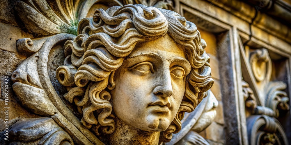 Weathered Stone Cherub: Ancient Architectural Detail, Intricate Curls, Minimalist Photography Weathered Stone Cherub: Ancient Architectural Detail, Intricate Curls, Minimalist Photography