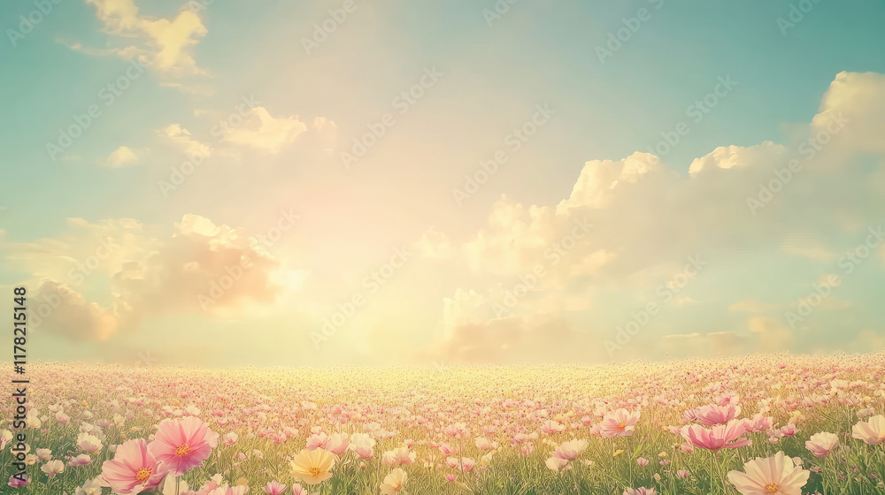 Fototapeta premium Serene Sunrise Over Colorful Flower Field Under Blue Sky